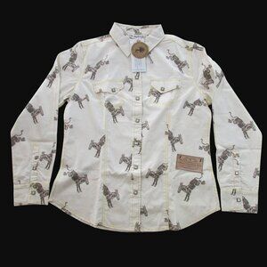 Montana Co Women's Large Long Sleeve Donkey Print Snap Shirt Ivory